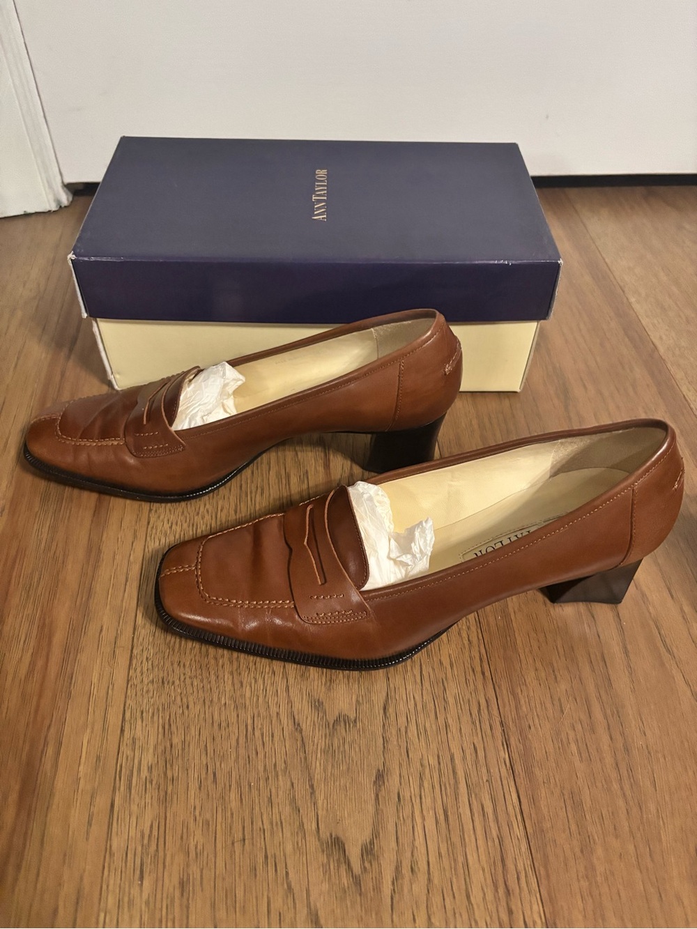 Ann Taylor Brown Leather Penny Loafers with Low Heel